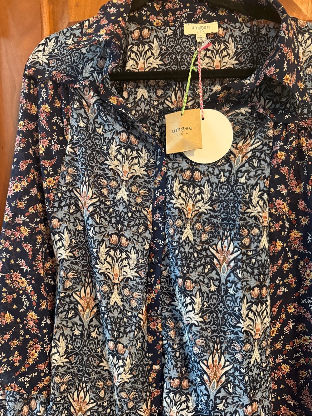 Umgee Navy Floral Top-with Ivory and Peach Accents and Silver Highlights